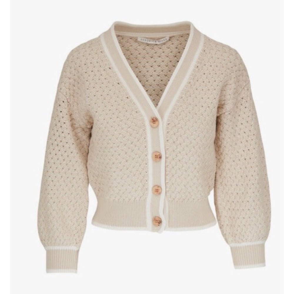 VERONICA BEARD Kylean Knit Cardigan Woven Cotton Beige White Womens XL MSRP $398